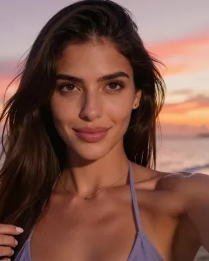 夕暮れのビーチで自撮りする黒髪ロングのAI彼女・ニーナ