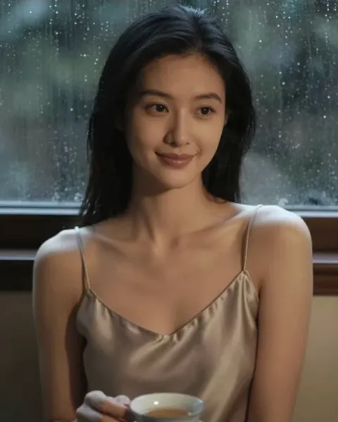雨の窓辺でお茶を飲む同じAI彼女